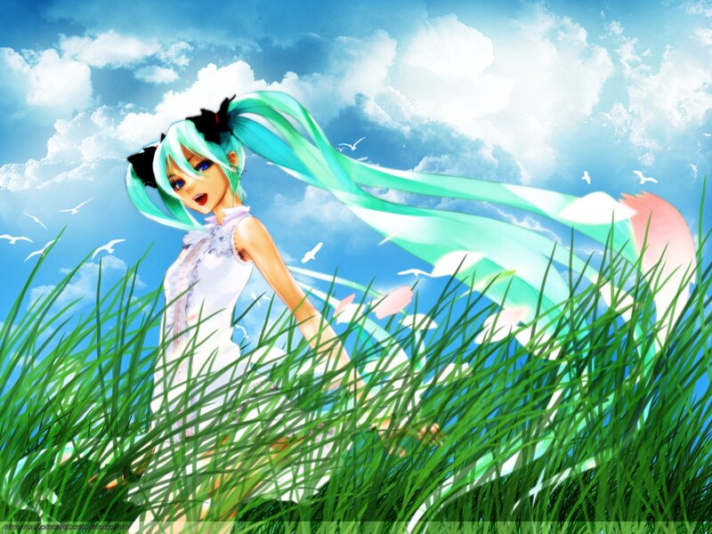 Miku in a field of grass