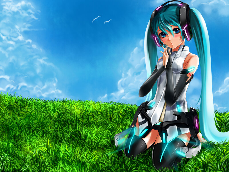 Miku in a grassy field