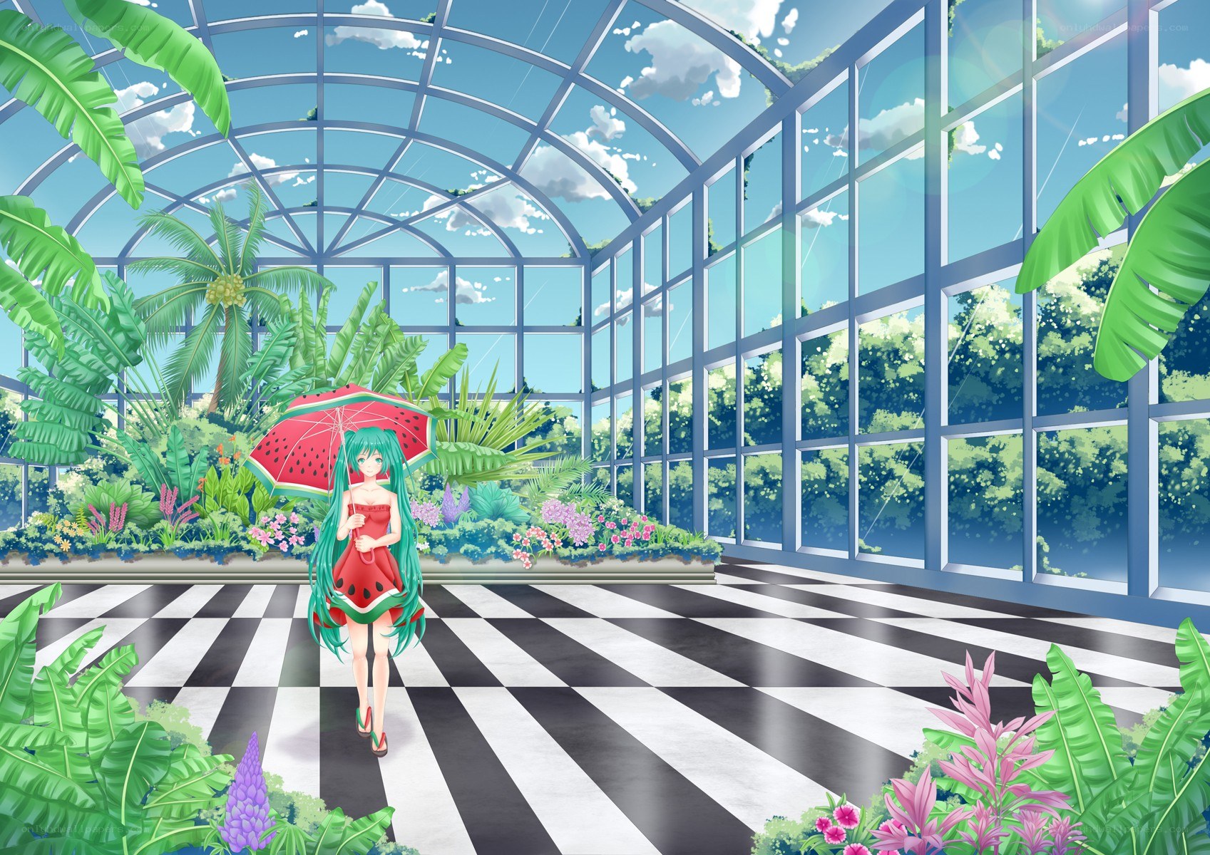 Miku in a greenhouse