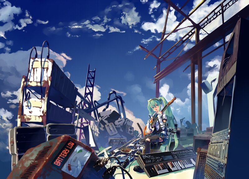 Miku in a junkyard with instruments
