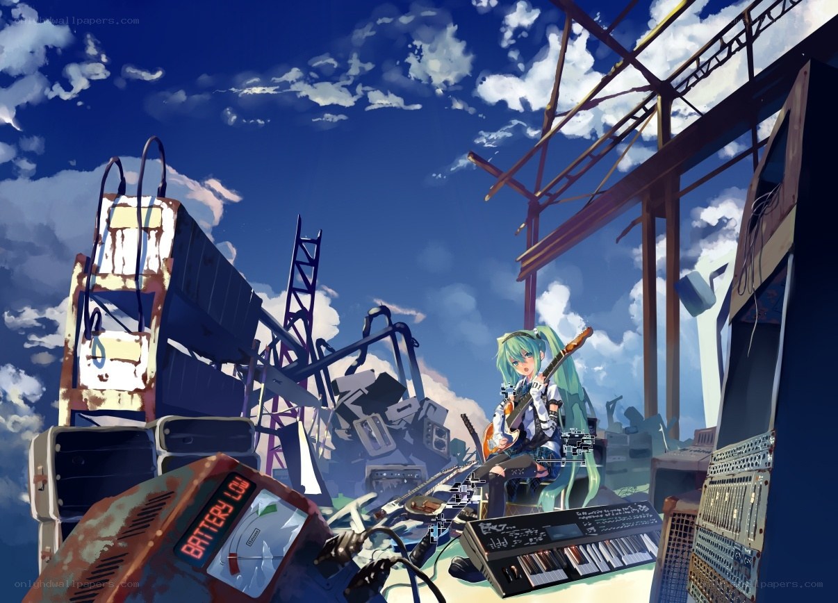 Miku in a junkyard with instruments