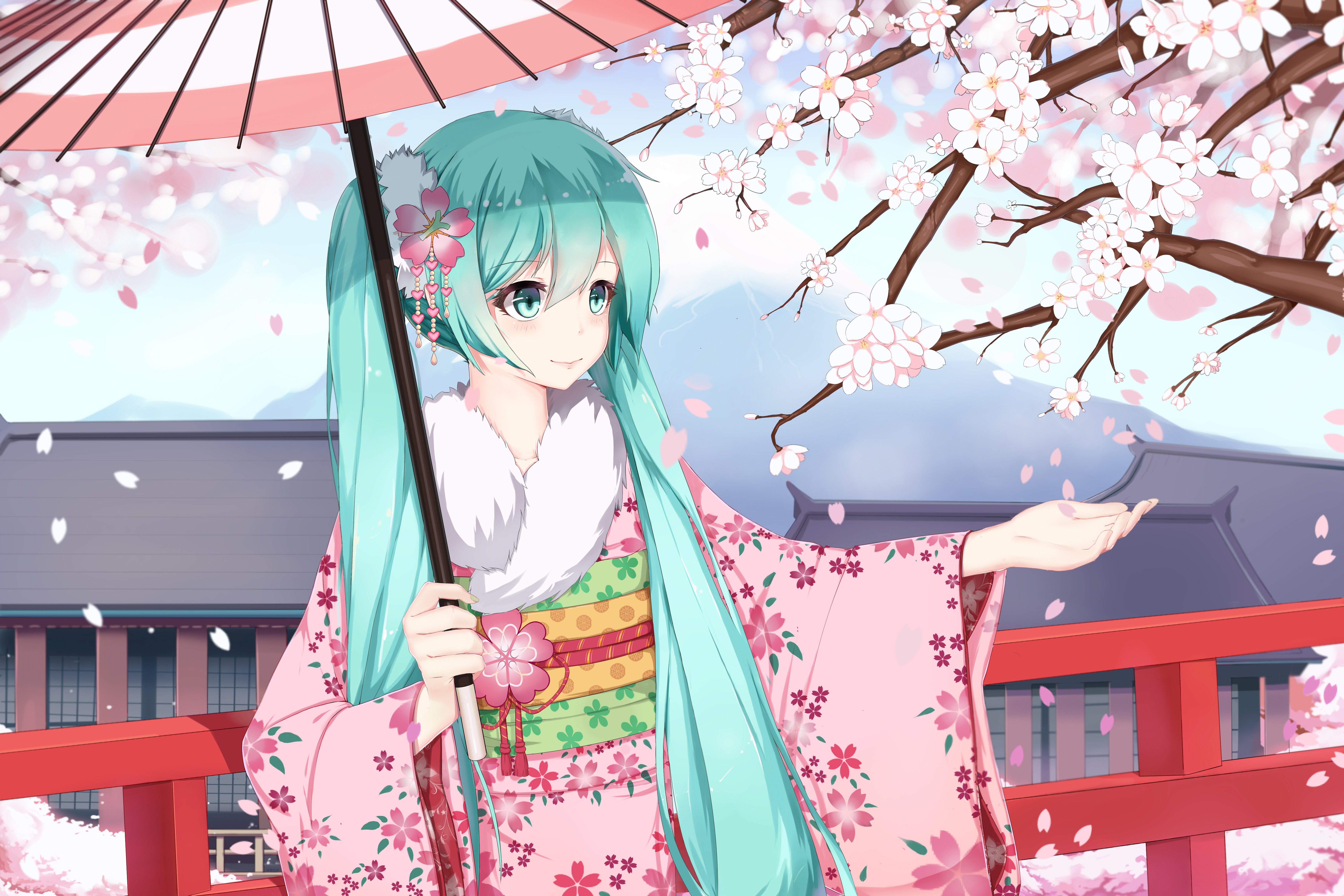 Miku in a kimono under cherry blossoms