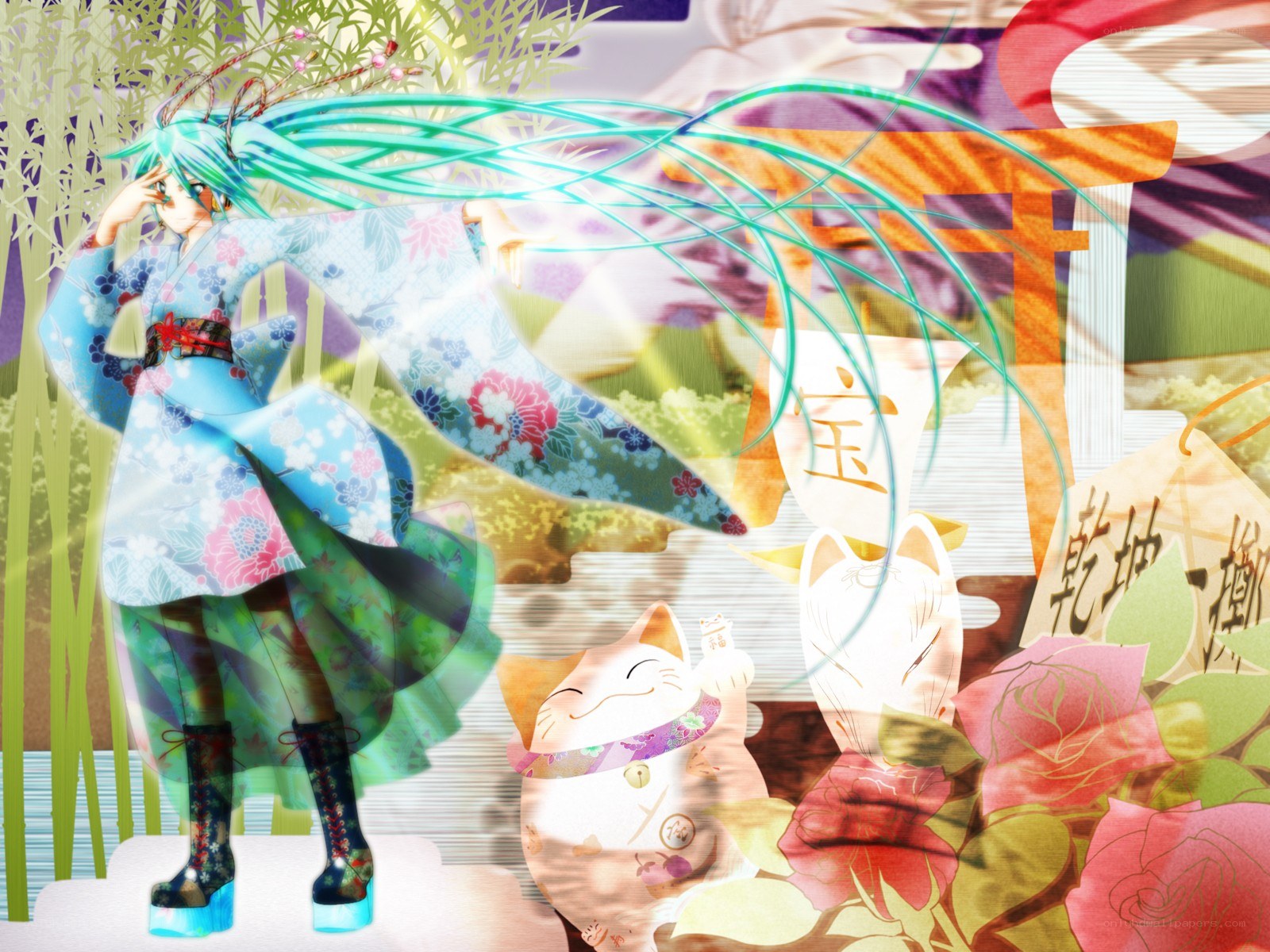 Miku in a kimono with cats