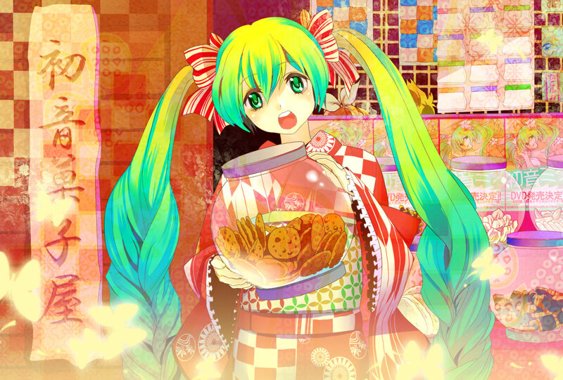Miku in a kimono with cookies