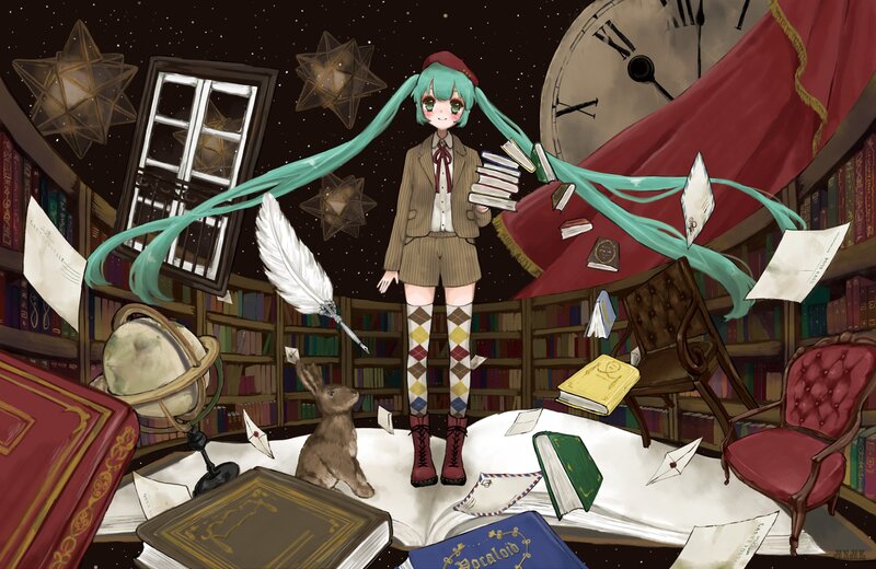 Miku in a magical library