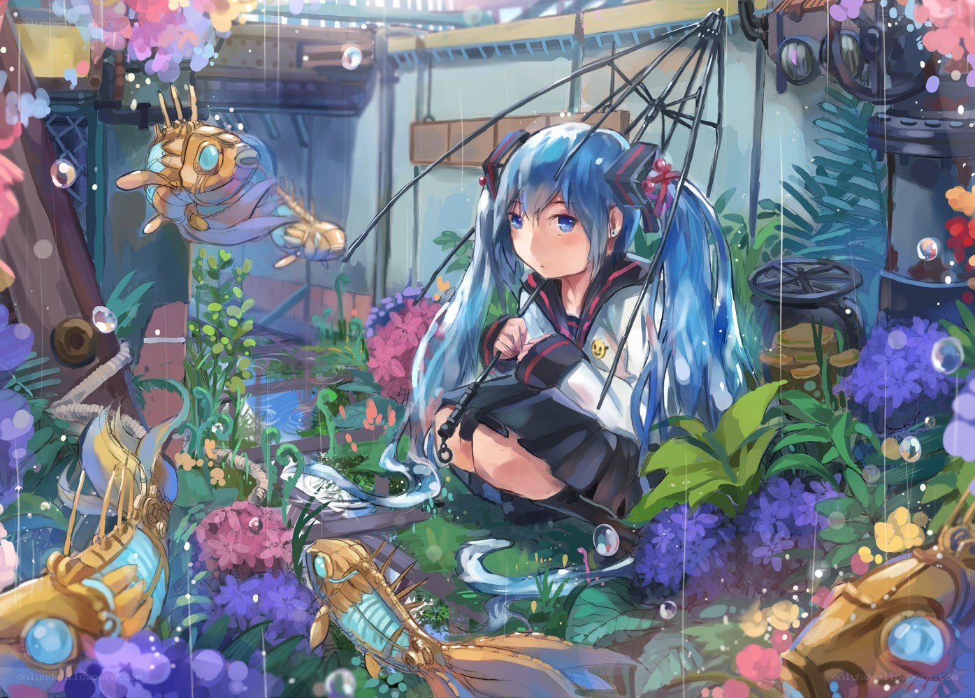 Miku in a rainy garden