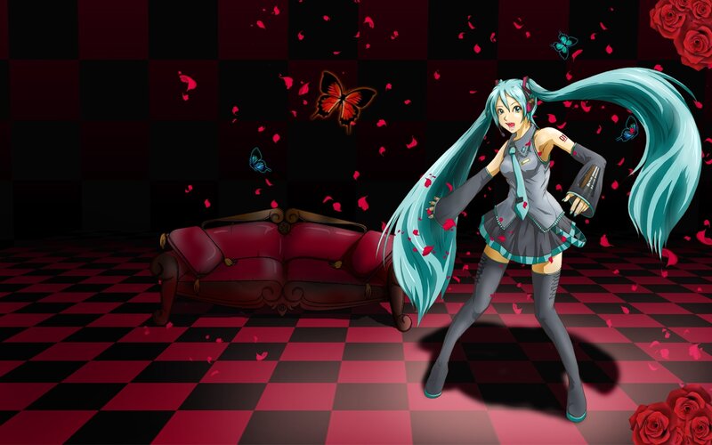 Miku in a red and black room
