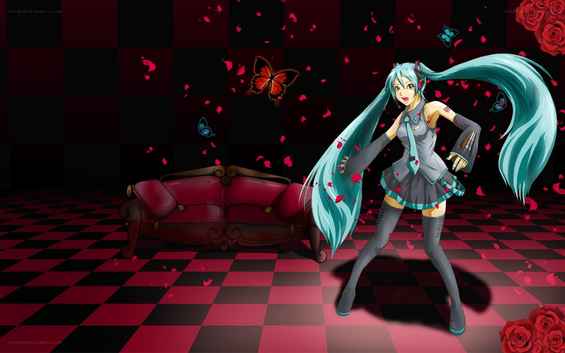 Miku in a red and black room