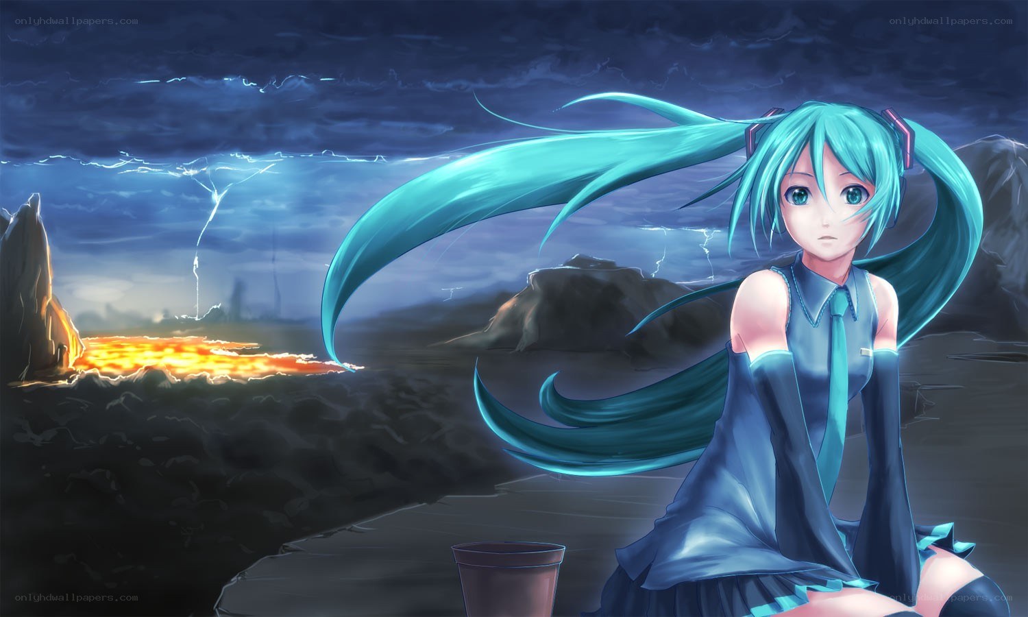 Miku in a stormy landscape