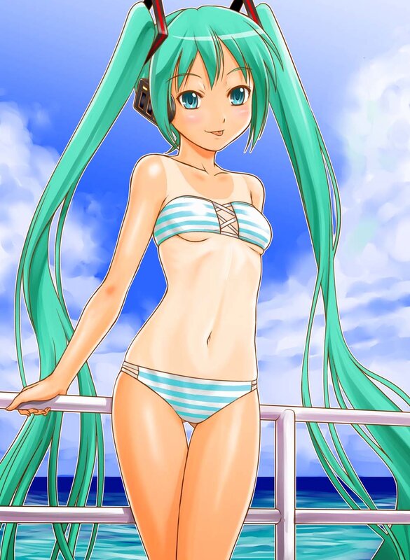 Miku in a swimsuit on a boat
