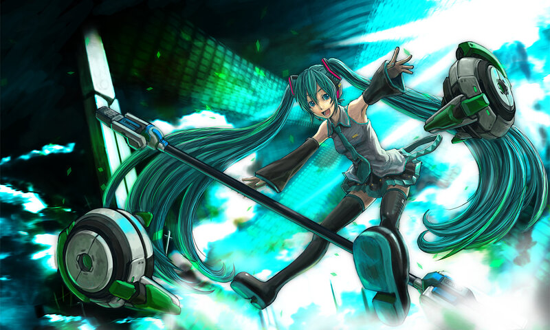 Miku in action with futuristic weapon