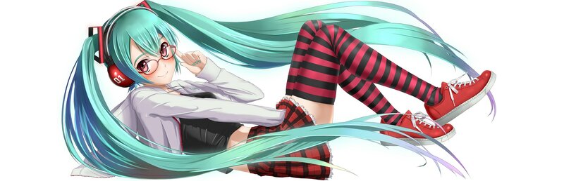 Miku in headphones and striped socks