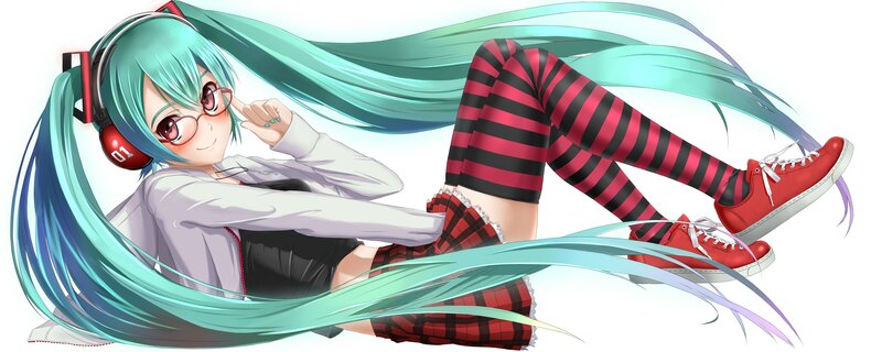 Miku in headphones and striped socks