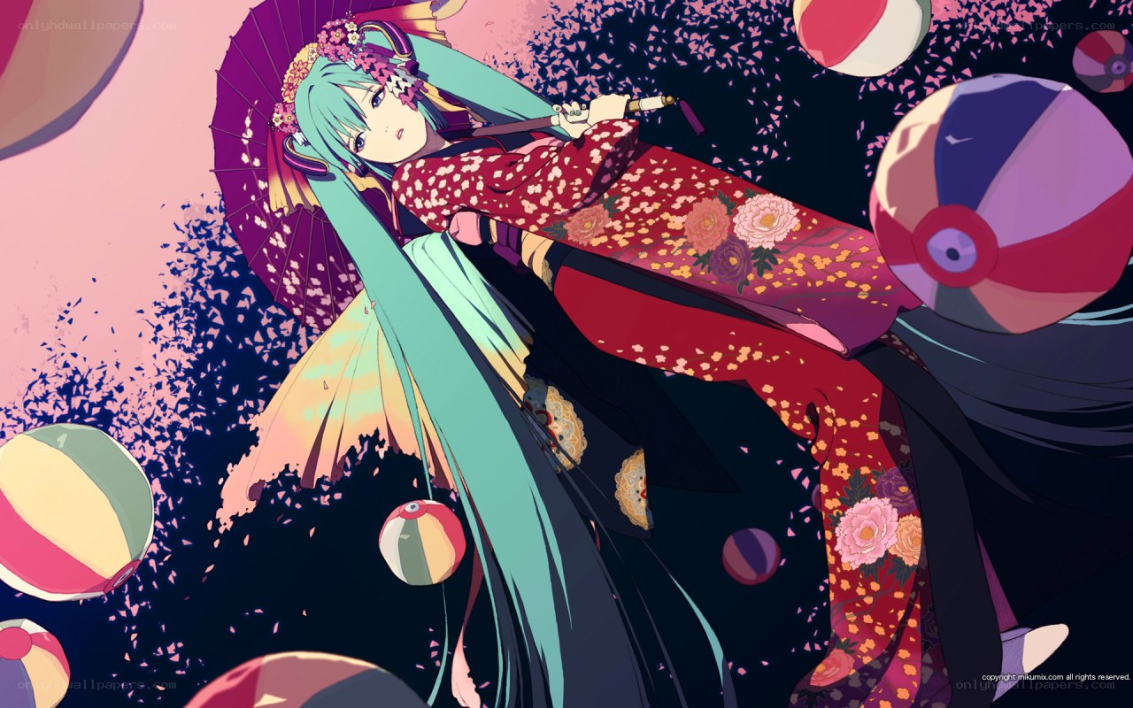 Miku in kimono with lanterns