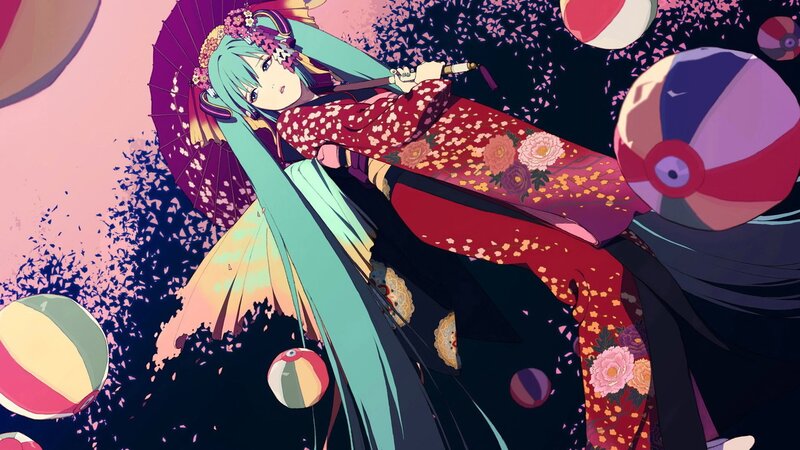 Miku in kimono with parasol