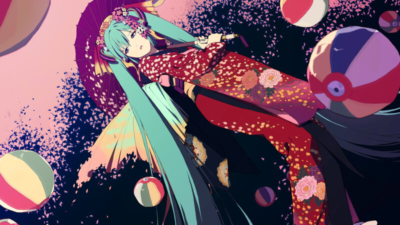 Miku in kimono with parasol