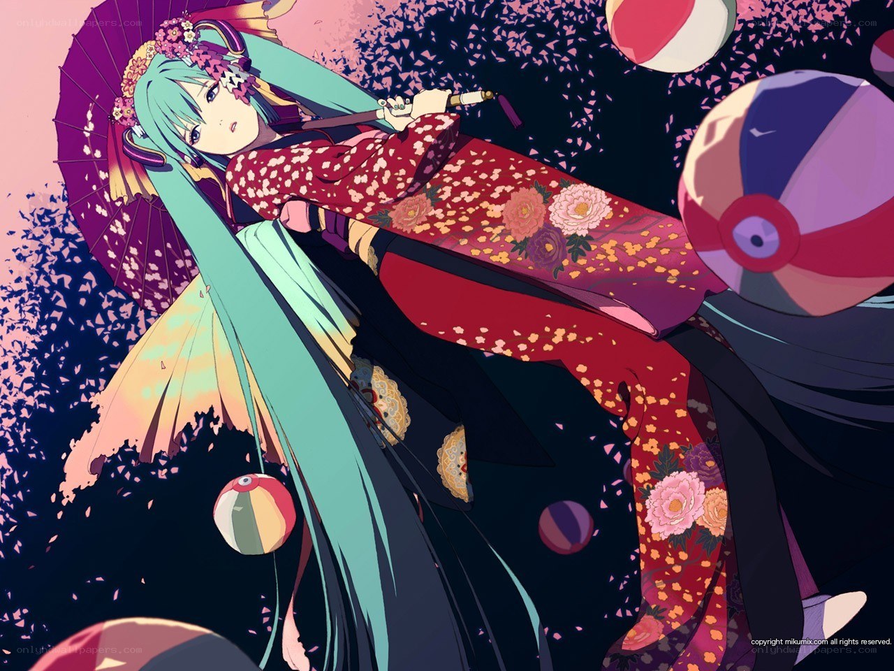 Miku in kimono with umbrella