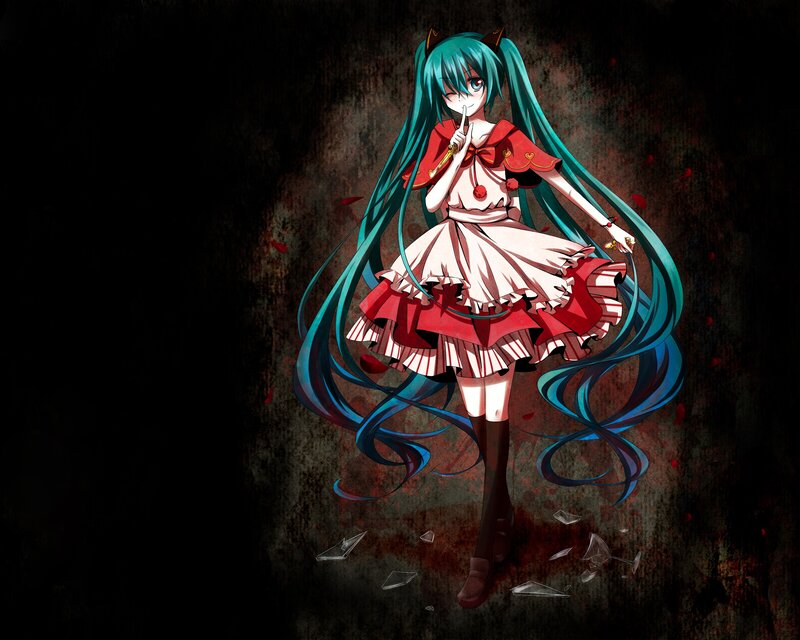Miku in red dress with broken glass