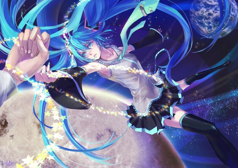 Miku in space holding hands