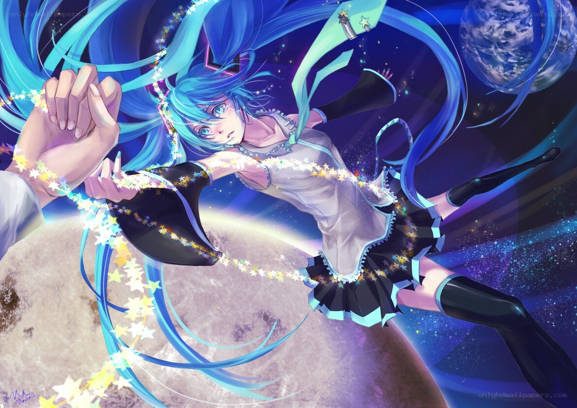 Miku in space holding hands