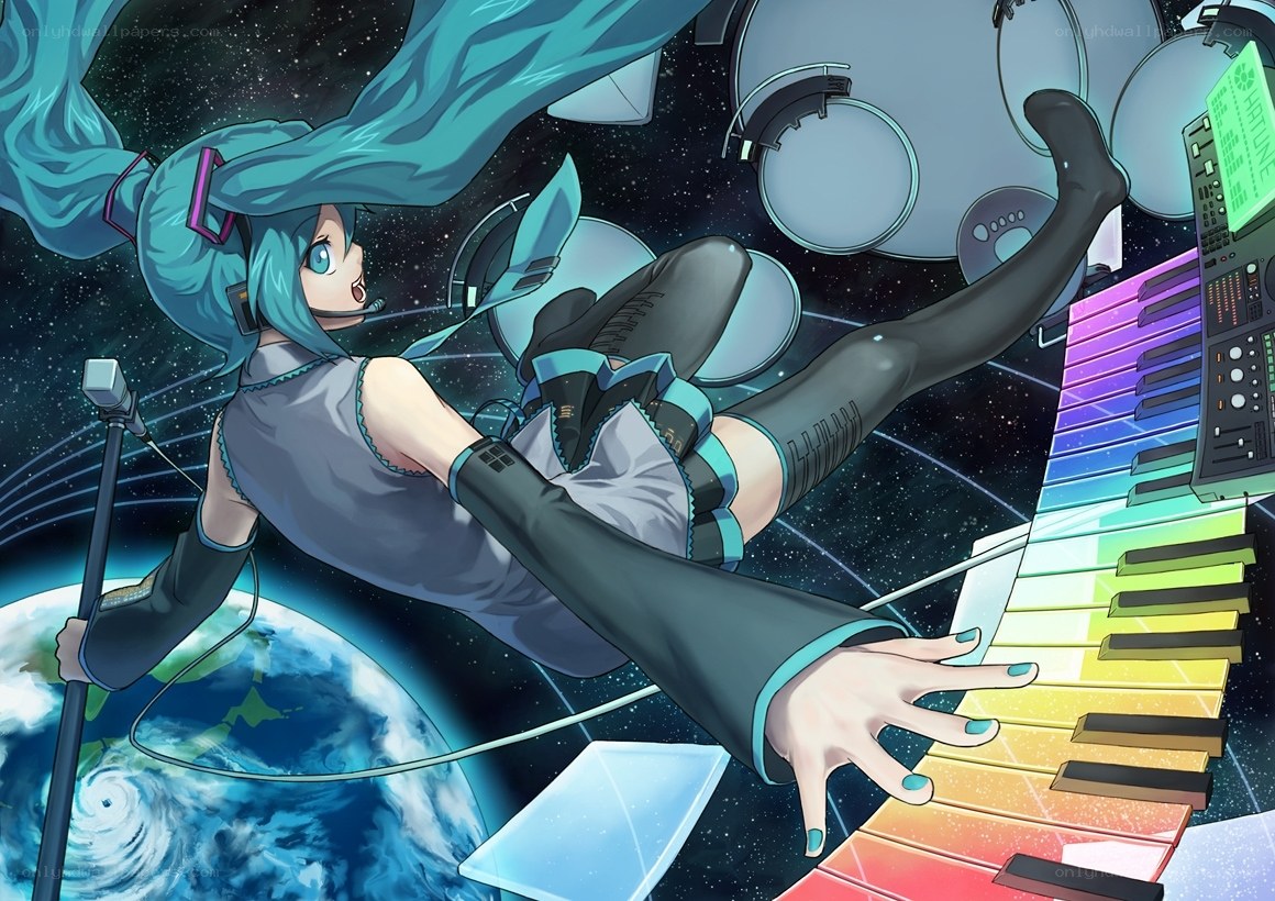 Miku in space with keyboard