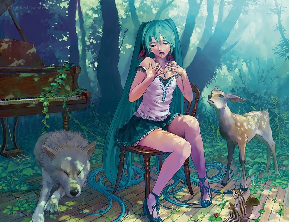 Miku in the forest with animals