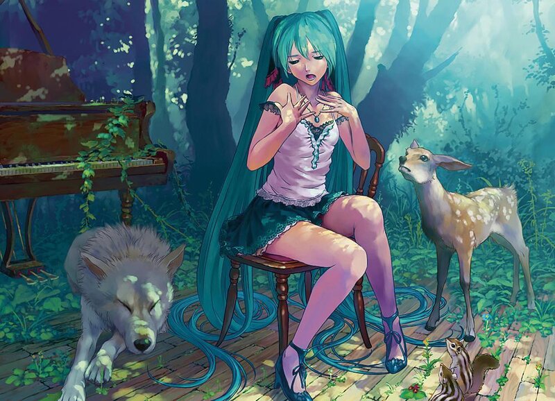 Miku in the forest with animals