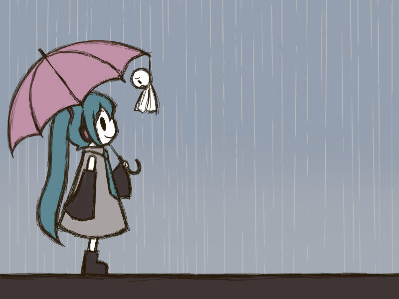 Miku in the rain with a ghost