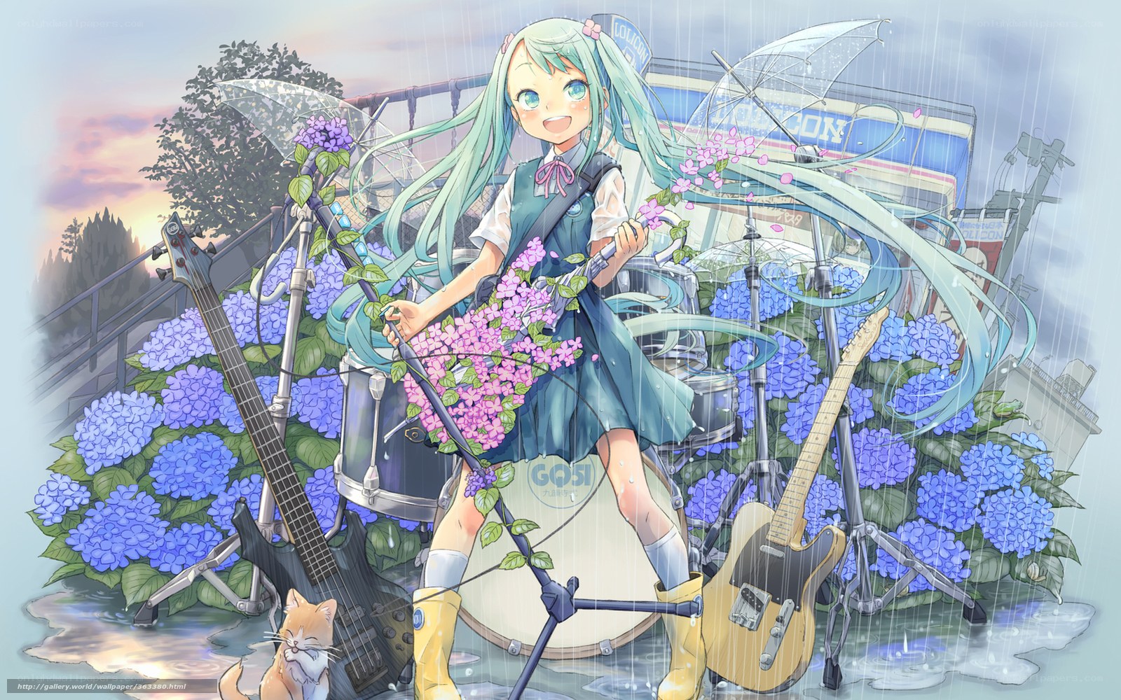 Miku in the rain with flowers