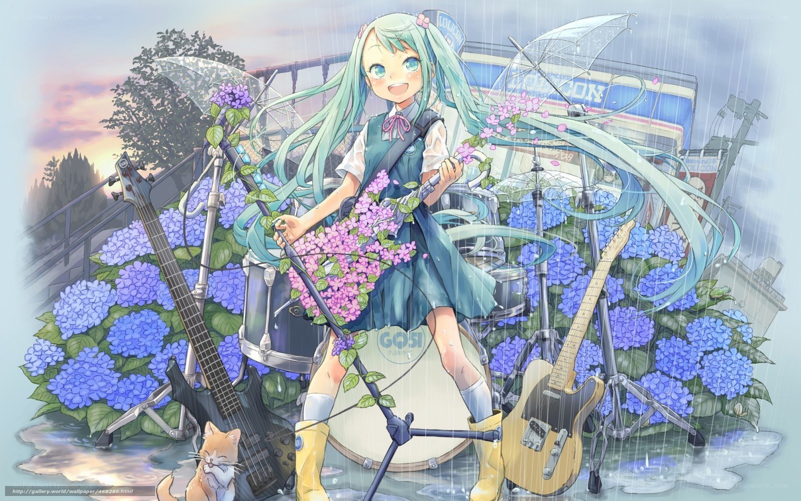 Miku in the rain with instruments