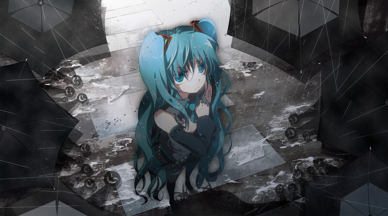 Miku in the rain with umbrellas