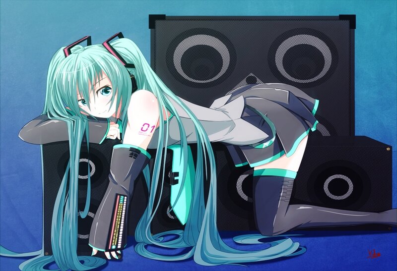 Miku leaning on speakers