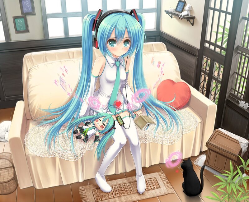 Miku listening to music at home