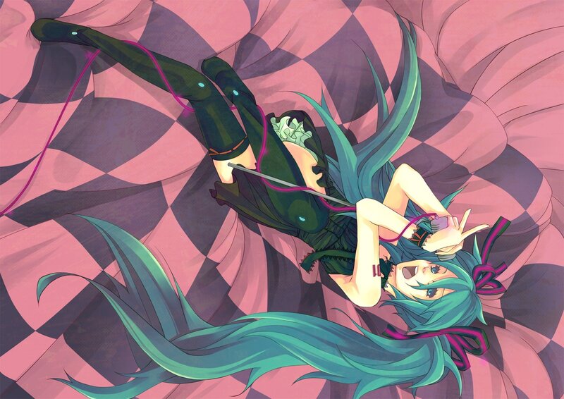 Miku lying on a pink surface