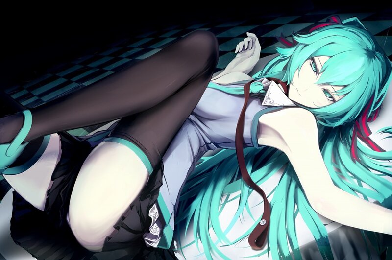 Miku lying on checkered floor