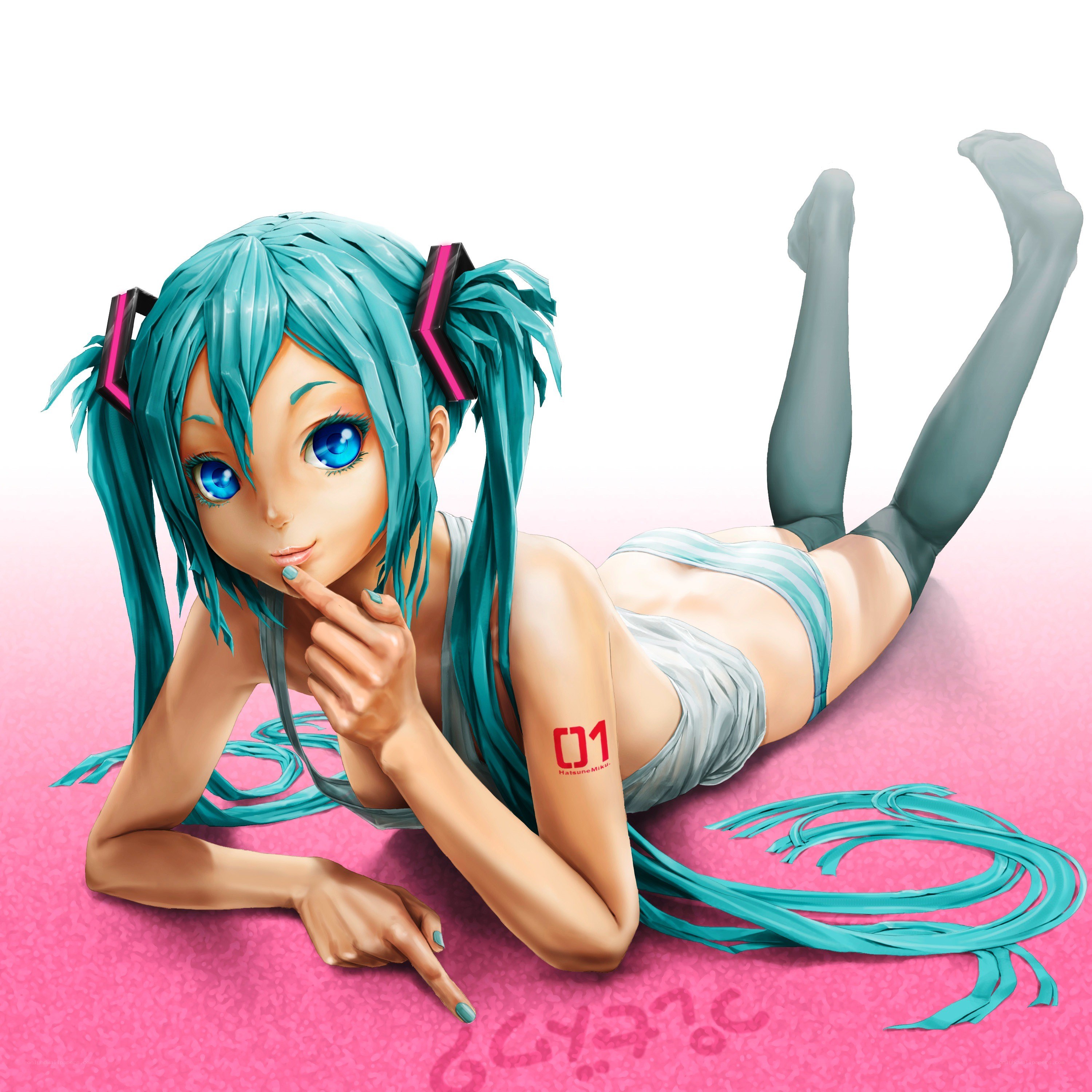 Miku lying on pink floor