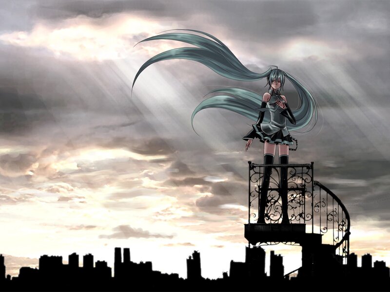 Miku on a city balcony