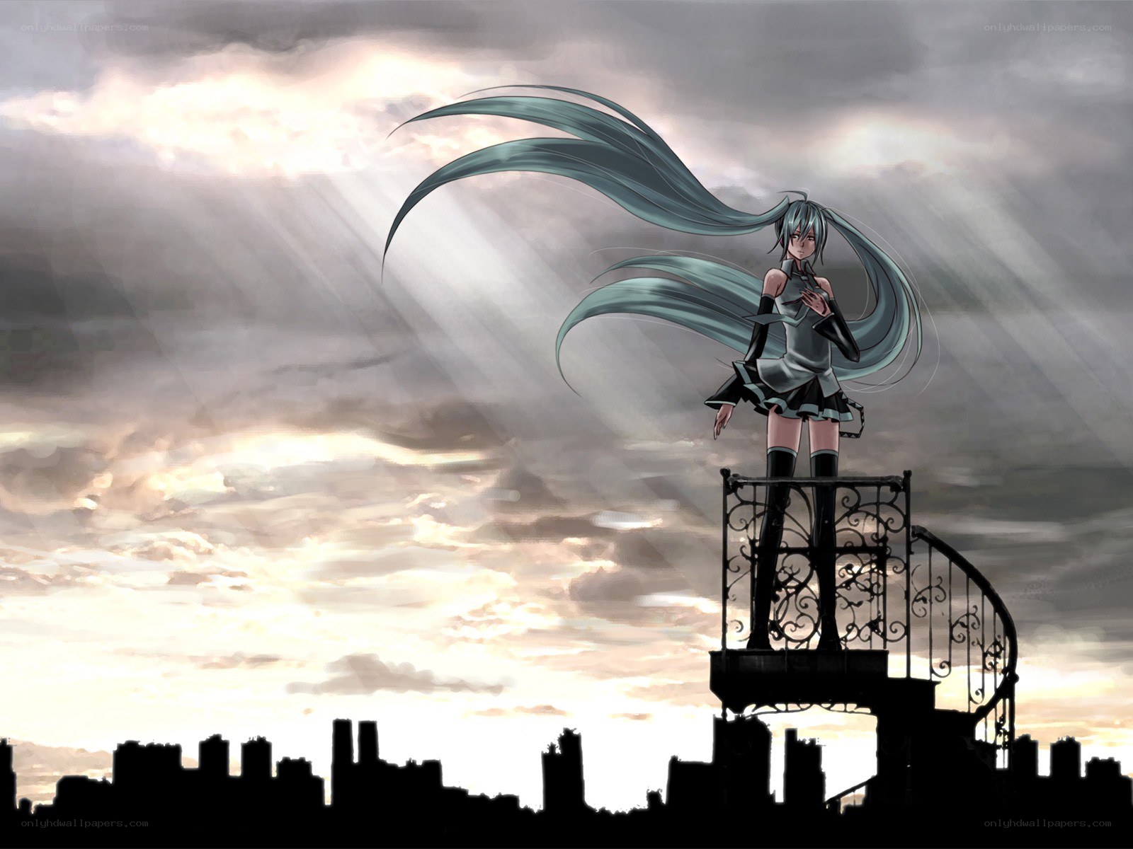 Miku on a city balcony