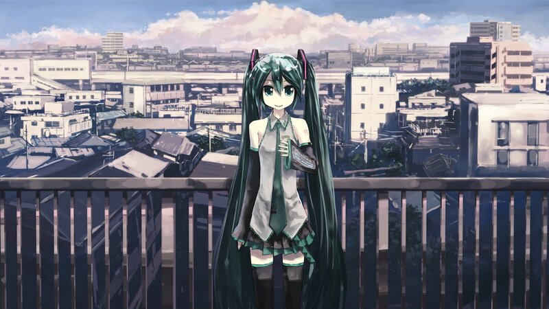 Miku on a city balcony