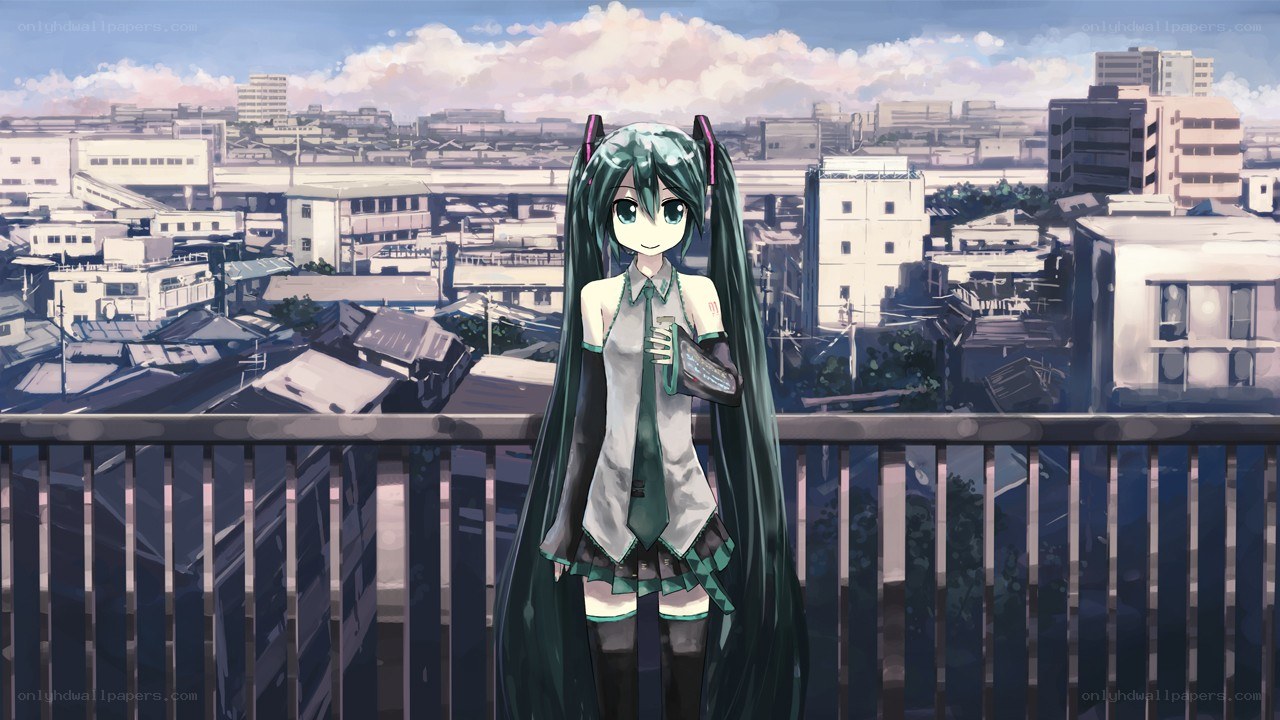 Miku on a city balcony