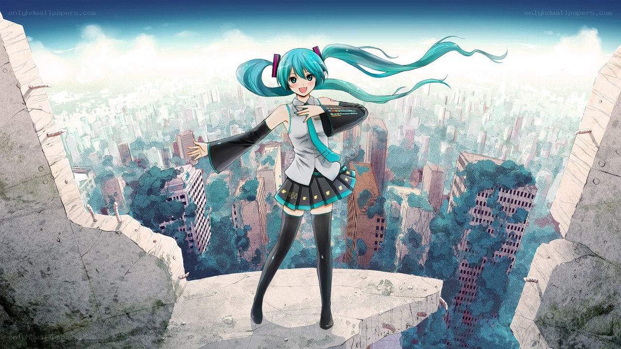 Miku on a city cliff