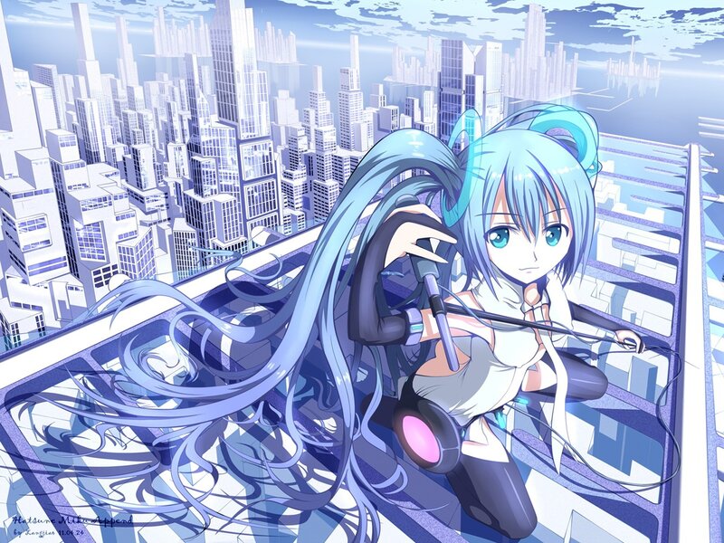 Miku on a city rooftop