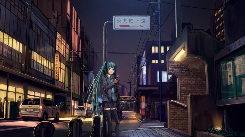 Miku on a city street at night