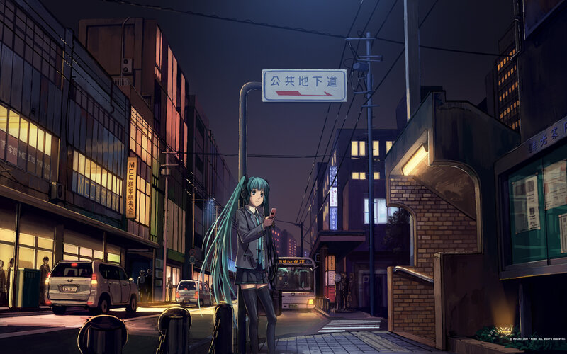 Miku on a city street at night