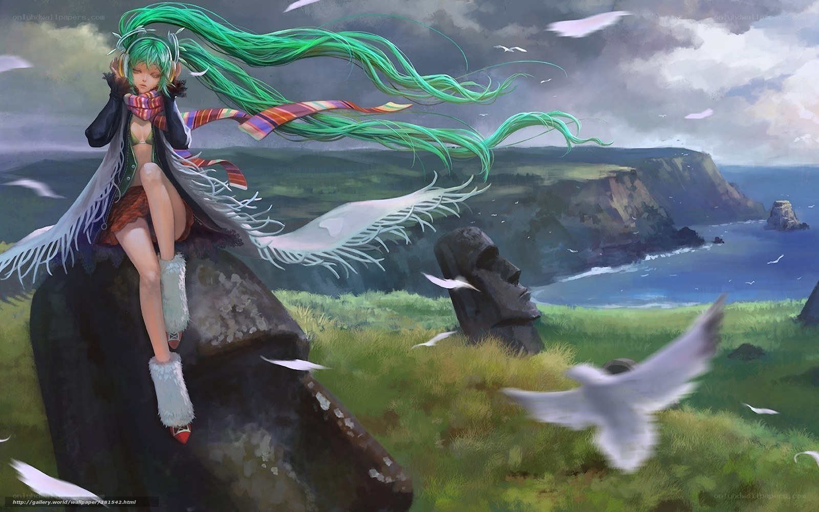 Miku on a cliff with seagulls