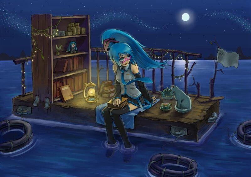 Miku on a floating bookshelf