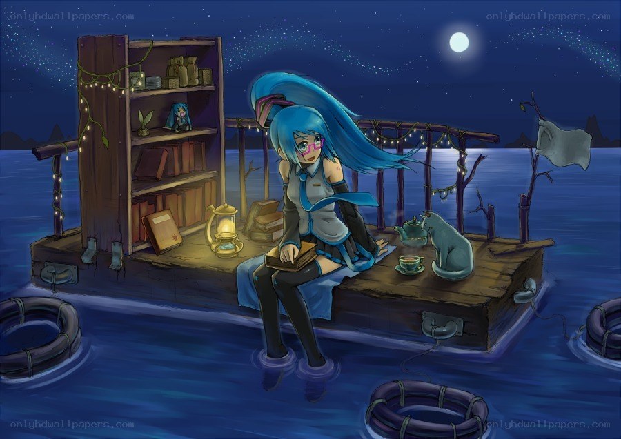 Miku on a floating bookshelf