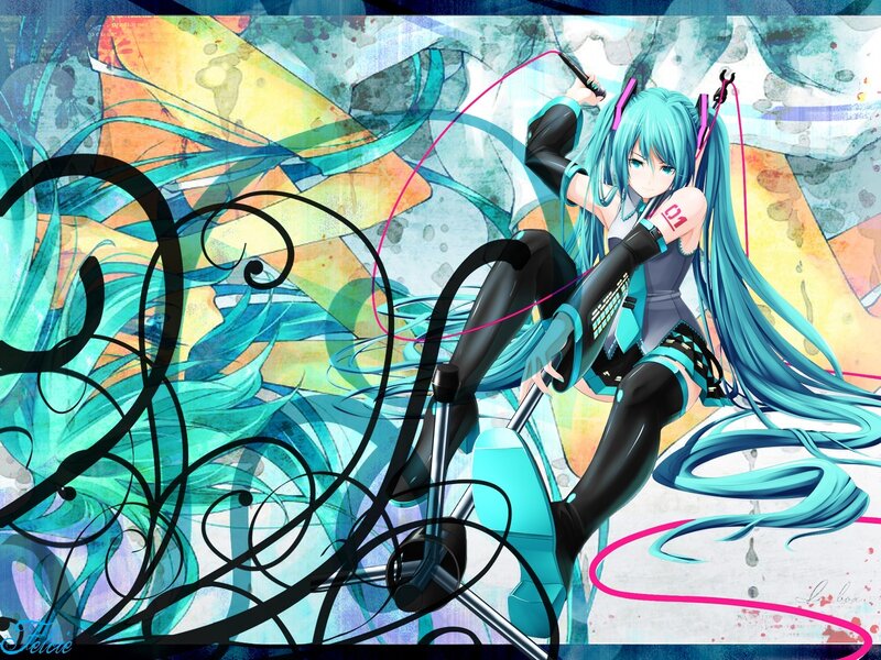 Miku on a microphone stand