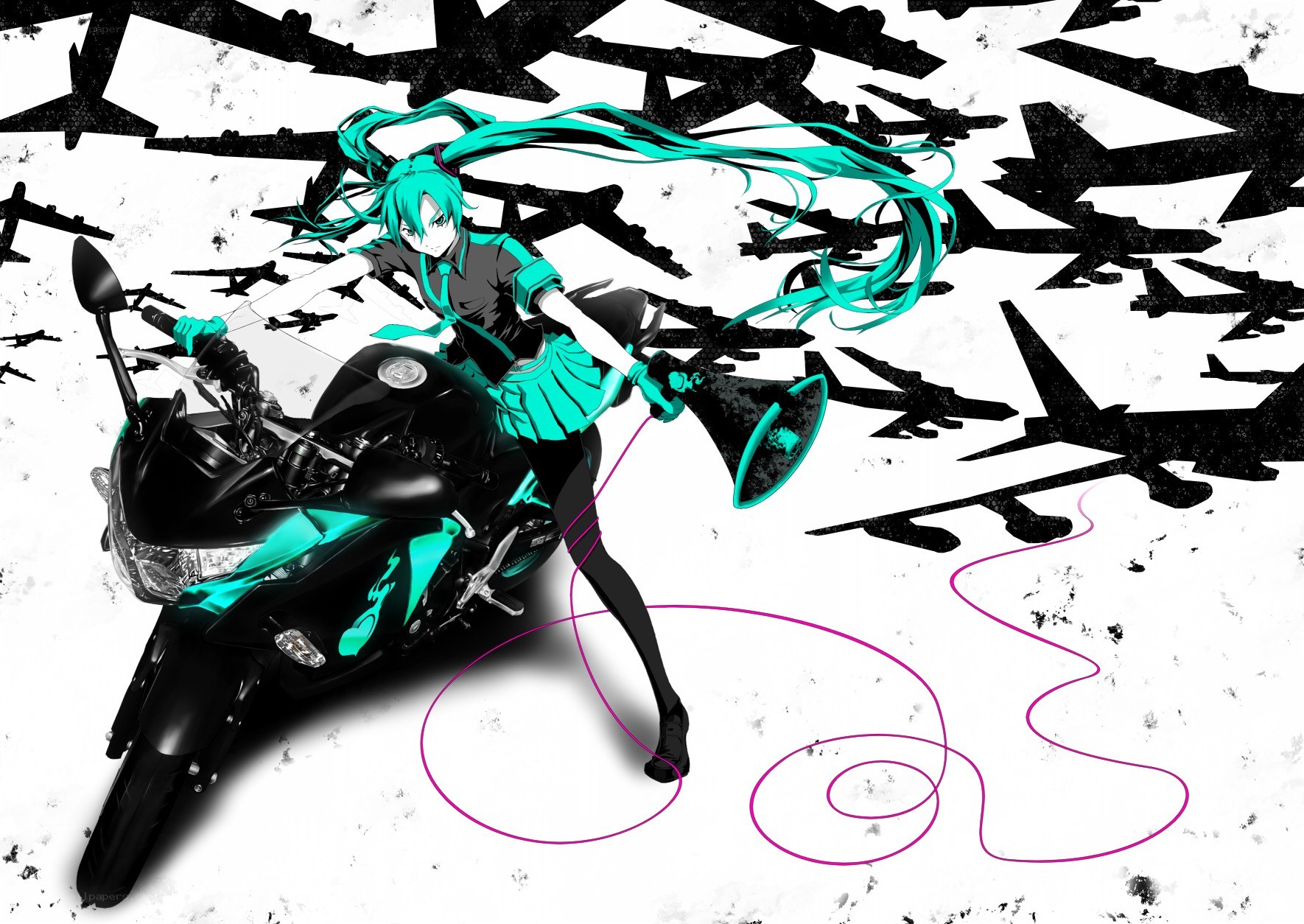 Miku on a motorcycle with planes