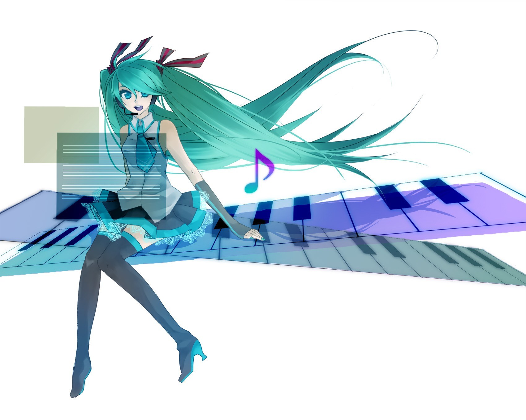 Miku on a piano keyboard